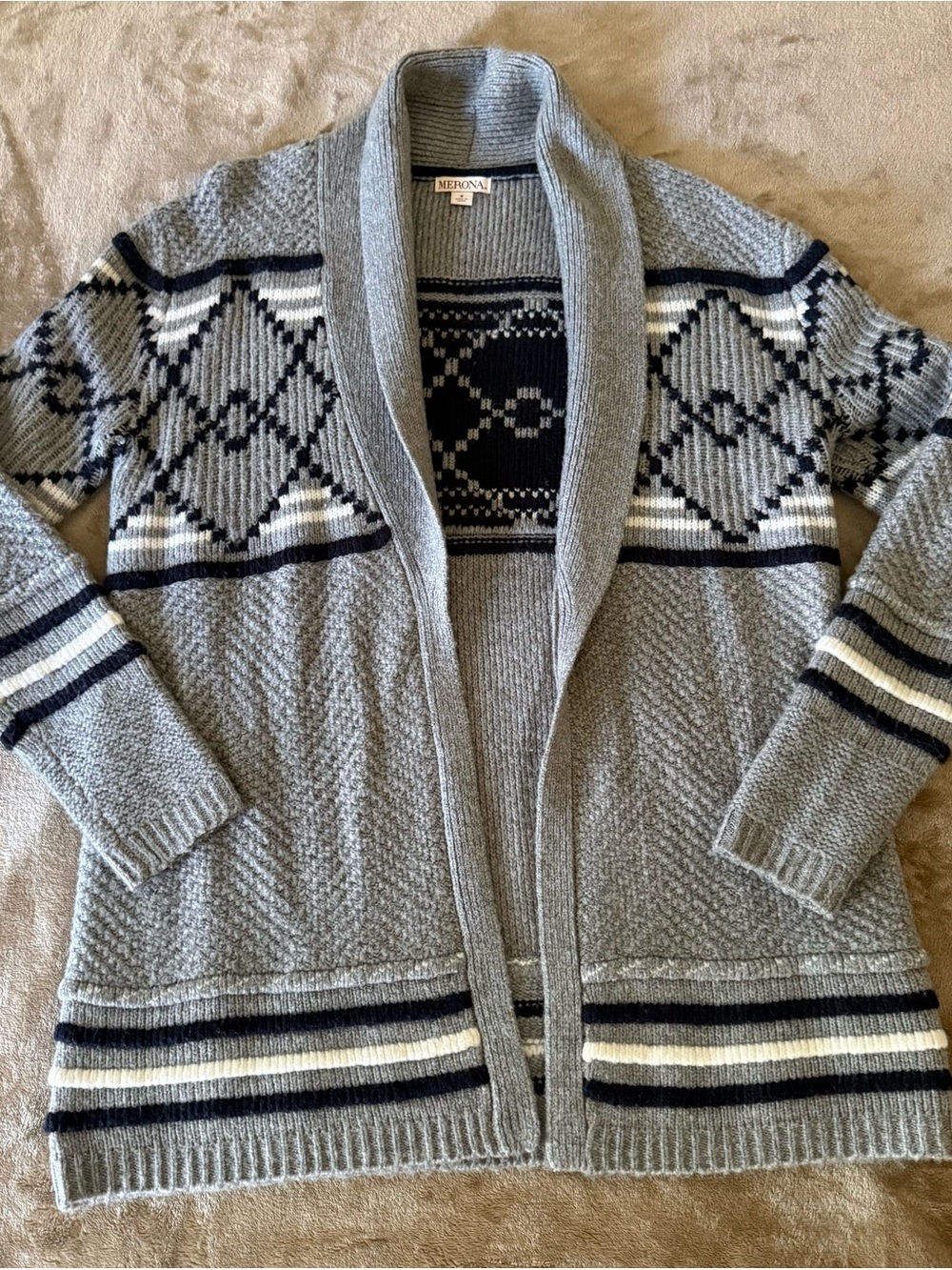 Merona Gray Shawl-Collar Fair Isle Knit Cardigan with Navy & Cream Detail